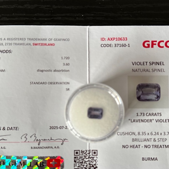 👑RARE! 1.73ct CERTIFIED Natural VIOLET Spinel Untreated Cushion LOOSE GEMSTONE - Picture 3 of 3